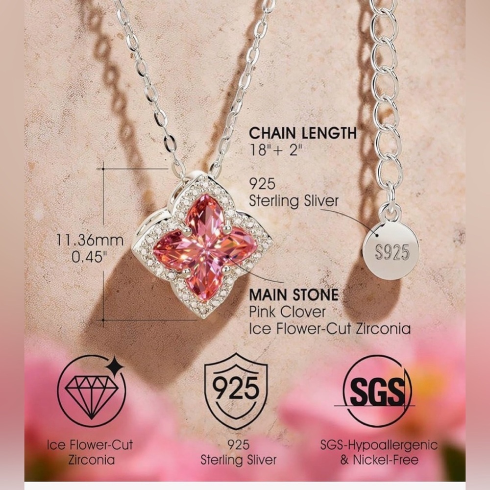 NIB Moissa White Gold Plated 925 Sterling Silver Clover Zircon Sparkle Necklace - Picture 5 of 6